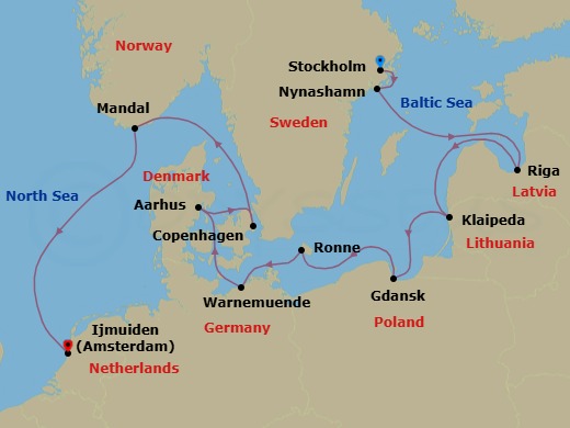 11 Night - Jewels of Northern Europe - Oceania Sonata - Starting in Stockholm, Stockholm (Nynashamn), Riga, Klaipeda, Gdansk (Gdynia), Ronne (Bornholm), Berlin (Warnemunde), Aarhus, Copenhagen, Mandal, Ijmuiden itinerary map