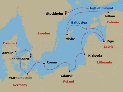 10 Night - Norse & Baltic Heritage - Oceania Sonata - Starting in Copenhagen, Aarhus, Berlin (Warnemunde), Ronne (Bornholm), Gdansk (Gdynia), Klaipeda, Riga, Visby, Sweden, Tallinn, Stockholm itinerary map
