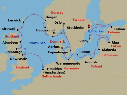 22 Night - Scandinavian Serenade - Oceania Sonata - Starting in Ijmuiden, Newcastle UK, Edinburgh (Newhaven), Aberdeen, Kirkwall (Orkney Islands), Lerwick (Shetland Islands), Bergen, Haugesund, Mandal, Oslo, Copenhagen, Aarhus, Berlin (Warnemunde), Ronne (Bornholm), Gdansk (Gdynia), Klaipeda, Riga, Visby, Sweden, Tallinn, Stockholm itinerary map