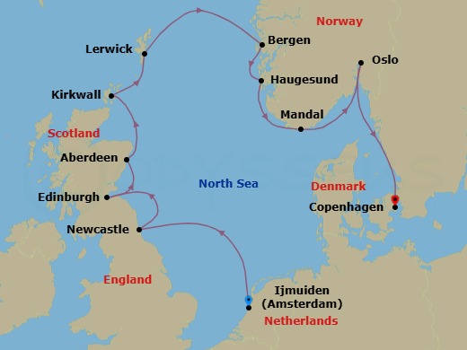 12 Night - Northern Sea Tapestry - Oceania Sonata - Starting in Ijmuiden, Newcastle UK, Edinburgh (Newhaven), Aberdeen, Kirkwall (Orkney Islands), Lerwick (Shetland Islands), Bergen, Haugesund, Mandal, Oslo, Copenhagen itinerary map