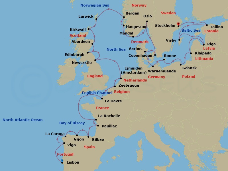 33 Night - Atlantic & Nordic Discovery - Oceania Sonata - Starting in Lisbon, Santiago De Compostela (Vigo), La Coruna, Gijon, Spain, Bilbao, Bordeaux (Pauillac), La Rochelle, France, Paris (Le Havre), Bruges (Zeebrugge), Ijmuiden, Newcastle UK, Edinburgh (Newhaven), Aberdeen, Kirkwall (Orkney Islands), Lerwick (Shetland Islands), Bergen, Haugesund, Mandal, Oslo, Copenhagen, Aarhus, Berlin (Warnemunde), Ronne (Bornholm), Gdansk (Gdynia), Klaipeda, Riga, Visby, Sweden, Tallinn, Stockholm itinerary map