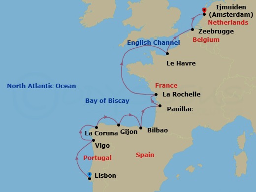 11 Night - Western Europe Grandeur - Oceania Sonata - Starting in Lisbon, Santiago De Compostela (Vigo), La Coruna, Gijon, Spain, Bilbao, Bordeaux (Pauillac), La Rochelle, France, Paris (Le Havre), Bruges (Zeebrugge), Ijmuiden itinerary map
