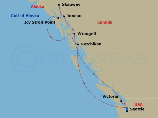 9 Night - Majestic Vistas & Wildlife - Oceania Riviera - Starting in Seattle, Cruising the Inside Passage, Ketchikan, Juneau, Skagway, Icy Strait Point (Hoonah), Wrangell, Victoria CA, Seattle itinerary map