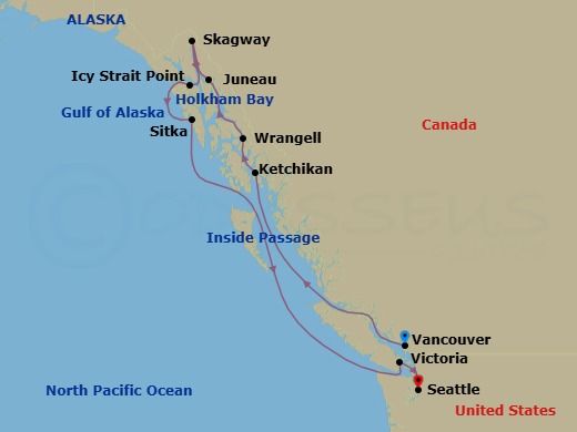 11 Night - Alaska Frontier & Fjords - Oceania Riviera - Starting in Vancouver, Cruising the Inside Passage, Ketchikan, Wrangell, Holkham Bay Glacier Fjords, Juneau, Skagway, Icy Strait Point (Hoonah), Sitka, Victoria CA, Seattle itinerary map