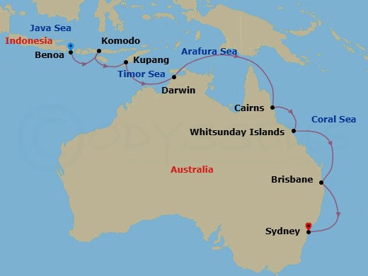 14 Night - Australia & Java Sea Jewels - Oceania Marina - Starting in Bali (Benoa), Komodo, Kupang, West Timor, Darwin, Cairns, Whitsunday Island (Airlie Beach), Brisbane, Sydney AU itinerary map