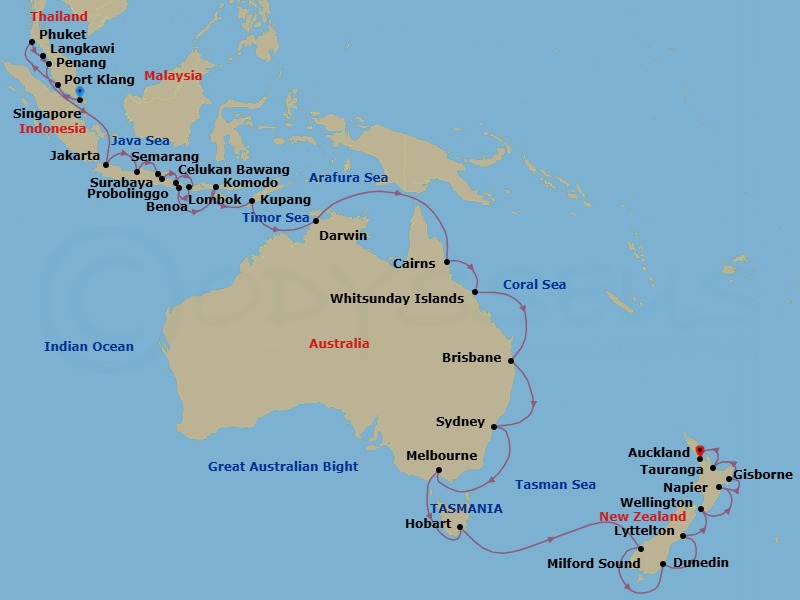 43 Night - Grand Pacific Reverie - Oceania Marina - Starting in Singapore, Kuala Lumpur (Port Klang), Phuket, Langkawi, Penang, Jakarta, Semarang (Java), Surabaya, Probolinggo, Bali (Celukan Bawang), Lombok (Lembar), Bali (Benoa), Komodo, Kupang, West Timor, Darwin, Cairns, Whitsunday Island (Airlie Beach), Brisbane, Sydney AU, Melbourne, Hobart (Tasmania), Cruising the Fjords of Milford Sound, Dunedin, Christchurch (Lyttelton), Wellington, Napier, Gisborne, Rotorua (Tauranga), Auckland itinerary map