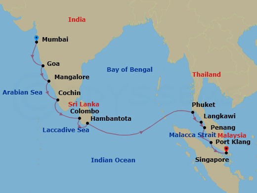 14 Night - Silk Road Discovery - Oceania Marina - Starting in Mumbai, Goa (Mormugao), Mangalore, Cochin (Kochi), Colombo, Hambantota, Phuket, Langkawi, Penang, Kuala Lumpur (Port Klang), Singapore itinerary map