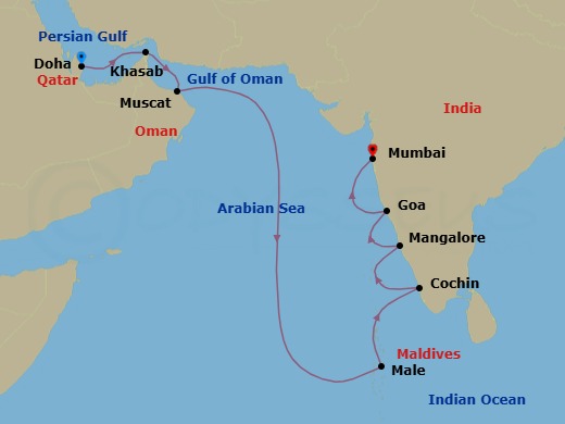 12 Night - Saffron & Sapphire Seas - Oceania Marina - Starting in Doha, Khasab, Muscat, Male, Cochin (Kochi), Mangalore, Goa (Mormugao), Mumbai itinerary map