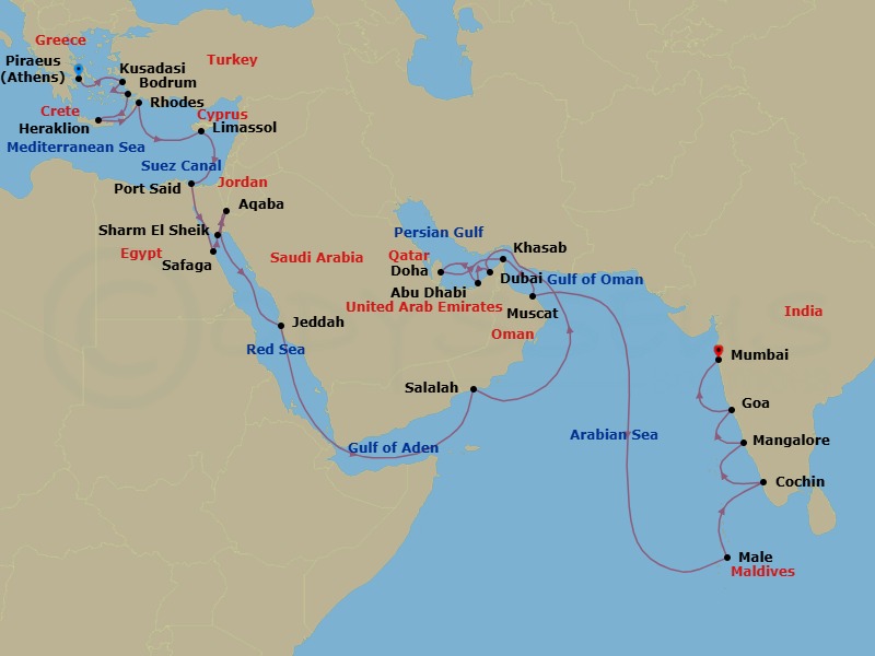 33 Night - Aegean to Arabian Horizons - Oceania Marina - Starting in Athens (Piraeus), Ephesus (Kusadasi), Bodrum, Heraklion (Crete), Rhodes, Limassol, At Sea (Port Said (Technical Call), Egypt), Suez Canal (Transit), Luxor (Safaga), Sharm El-Sheikh, Aqaba, Jeddah, Salalah, Dubai, Abu Dhabi, Doha, Khasab, Muscat, Male, Cochin (Kochi), Mangalore, Goa (Mormugao), Mumbai itinerary map