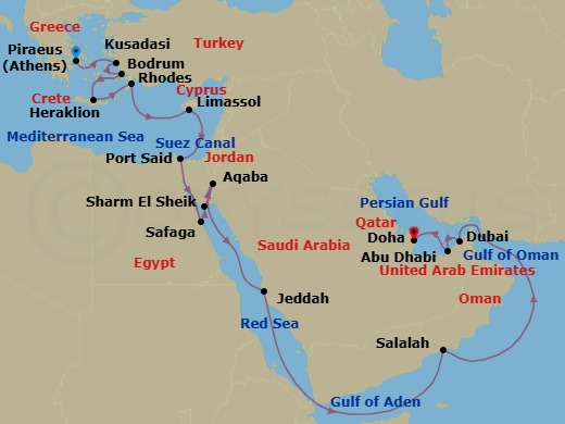21 Night - Kingdoms of Sea & Sand - Oceania Marina - Starting in Athens (Piraeus), Ephesus (Kusadasi), Bodrum, Heraklion (Crete), Rhodes, Limassol, At Sea (Port Said (Technical Call), Egypt), Suez Canal (Transit), Luxor (Safaga), Sharm El-Sheikh, Aqaba, Jeddah, Salalah, Dubai, Abu Dhabi, Doha itinerary map