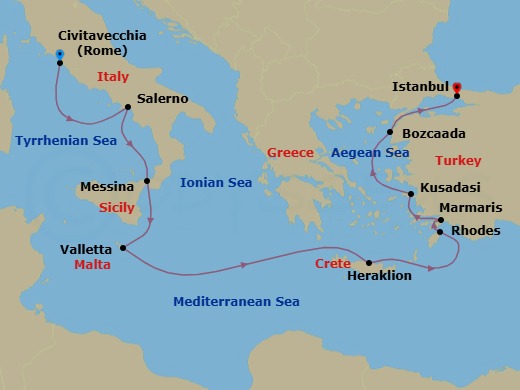 10 Night - Hellenic Islands & Turkey - Oceania Allura - Starting in Rome (Civitavecchia), Salerno, Messina (Sicily), Valletta, Heraklion (Crete), Rhodes, Marmaris, Ephesus (Kusadasi), Bozcaada (Troy), Istanbul itinerary map