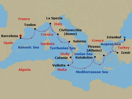 12 Night - Mediterranean Treasures - Oceania Allura - Starting in Istanbul, Izmir, Athens (Piraeus), Katakolon, Valletta, Catania (Sicily), Salerno, Rome (Civitavecchia), Cinque Terre (La Spezia), Toulon, Barcelona itinerary map