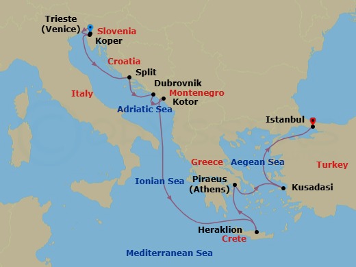 10 Night - Hellenic & Dalmatian Jewels - Oceania Allura - Starting in Trieste, Koper, Split, Dubrovnik, Croatia, Kotor, Heraklion (Crete), Athens (Piraeus), Ephesus (Kusadasi), Istanbul itinerary map