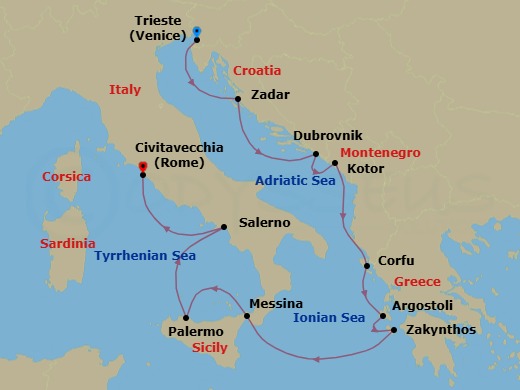 10 Night - Adriatic & Aegean Isles - Oceania Allura - Starting in Trieste, Zadar, Dubrovnik, Croatia, Kotor, Corfu, Argostoli (Cephalonia), Zakynthos, Messina (Sicily), Palermo (Sicily), Salerno, Rome (Civitavecchia) itinerary map