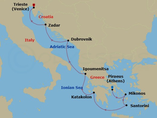 7 Night - Aegean & Adriatic Enclaves - Oceania Allura - Starting in Athens (Piraeus), Mykonos, Santorini, Katakolon, Igoumenitsa, Dubrovnik, Croatia, Zadar, Trieste itinerary map
