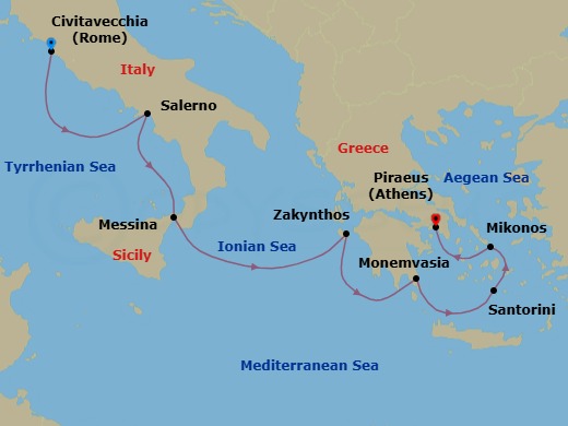7 Night - Greek Isles & Italy - Oceania Allura - Starting in Rome (Civitavecchia), Salerno, Messina (Sicily), Zakynthos, Monemvasia, Santorini, Mykonos, Athens (Piraeus) itinerary map
