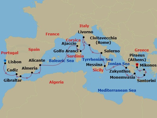 17 Night - Moorish Skies & Greek Gems - Oceania Allura - Starting in Lisbon, Seville (Cadiz), Gibraltar, Almeria, Alicante, Ajaccio (Corsica), Golfo Aranci, Florence / Pisa / Tuscany (Livorno), Rome (Civitavecchia), Salerno, Messina (Sicily), Zakynthos, Monemvasia, Santorini, Mykonos, Athens (Piraeus) itinerary map