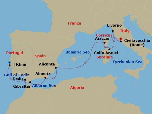 10 Night - Iberian & Italian Ballads - Oceania Allura - Starting in Lisbon, Seville (Cadiz), Gibraltar, Almeria, Alicante, Ajaccio (Corsica), Golfo Aranci, Florence / Pisa / Tuscany (Livorno), Rome (Civitavecchia) itinerary map