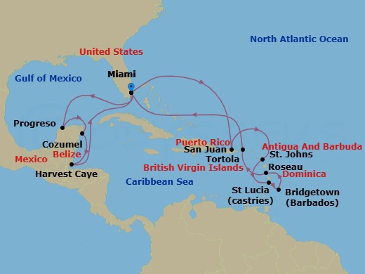 18 Night - Azure Reefs & Maya Sands - Oceania Vista - Starting in Miami, San Juan, St Johns AG, Castries, Bridgetown, Roseau, Tortola, Miami, Progreso, Cozumel, Mexico, Harvest Caye, Miami itinerary map