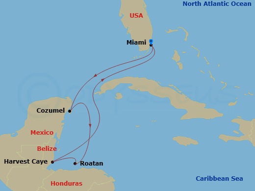 7 Night - Tropical Retreats - Oceania Vista - Starting in Miami, Cozumel, Mexico, Roatan, Harvest Caye, Miami itinerary map