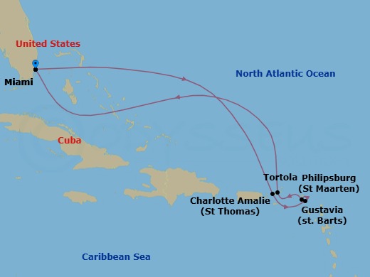 9 Night - Sunlit Caribbean Gems - Oceania Vista - Starting in Miami, Charlotte Amalie, Gustavia, Philipsburg, Tortola, Miami itinerary map