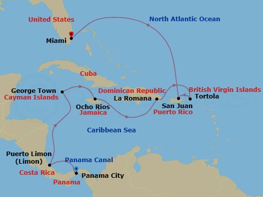 12 Night - Panama Canal & Island Gems - Oceania Vista - Starting in Panama City, Panama Canal Daylight Transit, Puerto Limon, George Town, Ocho Rios, Jamaica, La Romana, Tortola, San Juan, Miami itinerary map