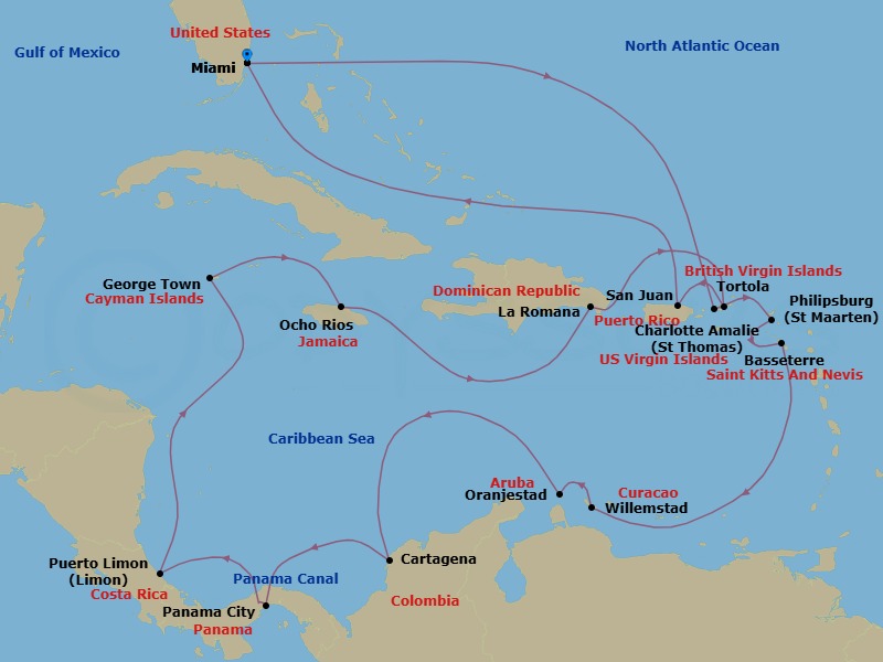 24 Night - Panamanian & Dutch Delights - Oceania Vista - Starting in Miami, Charlotte Amalie, Philipsburg, Basseterre, Willemstad AN, Oranjestad, Cartagena CO, Panama Canal Daylight Transit, Panama City, Panama Canal Daylight Transit, Puerto Limon, George Town, Ocho Rios, Jamaica, La Romana, Tortola, San Juan, Miami itinerary map