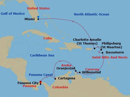 12 Night - Azure Islestopanama - Oceania Vista - Starting in Miami, Charlotte Amalie, Philipsburg, Basseterre, Willemstad AN, Oranjestad, Cartagena CO, Panama Canal Daylight Transit, Panama City itinerary map