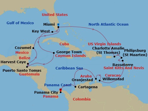 23 Night - Classic Caribbean & Canal - Oceania Vista - Starting in Miami, Key West, George Town, Santo Tomas, Harvest Caye, Cozumel, Mexico, Miami, Charlotte Amalie, Philipsburg, Basseterre, Willemstad AN, Oranjestad, Cartagena CO, Panama Canal Daylight Transit, Panama City, Panama Canal Daylight Transit itinerary map