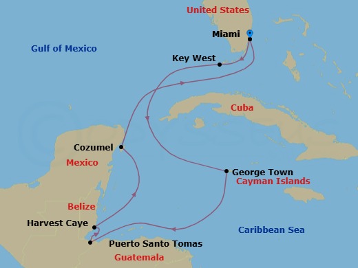 10 Night - Western Caribbean Wonders - Oceania Vista - Starting in Miami, Key West, George Town, Santo Tomas, Harvest Caye, Cozumel, Mexico, Miami itinerary map
