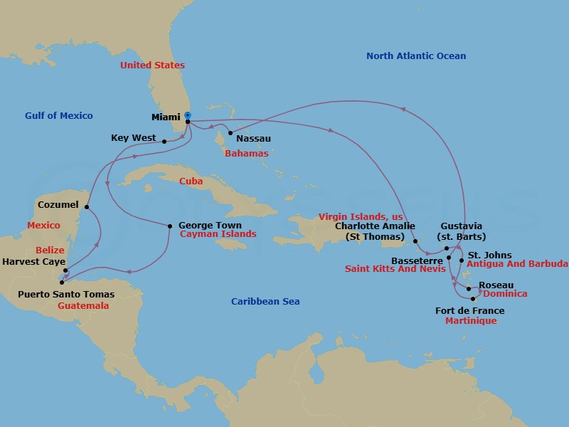 22 Night - Caribbean Holiday Tapestry - Oceania Vista - Starting in Miami, Charlotte Amalie, Gustavia, St Johns AG, Fort-de-France, Roseau, Basseterre, Nassau, Miami, Key West, George Town, Santo Tomas, Harvest Caye, Cozumel, Mexico, Miami itinerary map