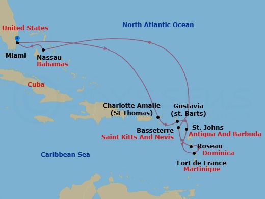 12 Night - Lush Peaks & Coral Sands - Oceania Vista - Starting in Miami, Charlotte Amalie, Gustavia, St Johns, Fort-de-France, Roseau, Basseterre, Nassau, Miami itinerary map