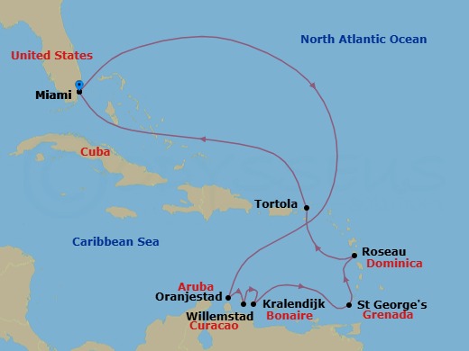 11 Night - Southern Caribbean Jewels - Oceania Vista - Starting in Miami, Oranjestad, Willemstad AN, Kralendijk, St Georges, Roseau, Tortola, Miami itinerary map