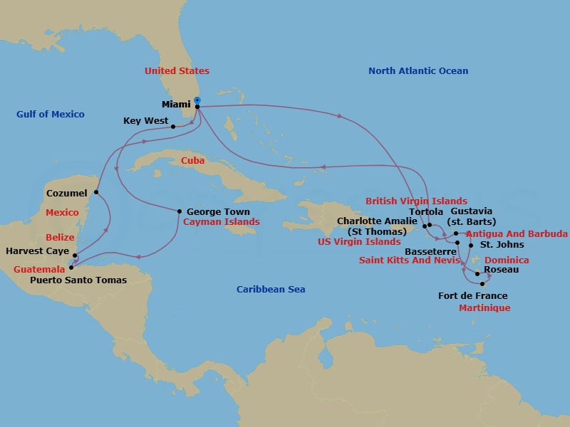 22 Night - Connoisseur's Caribbean - Oceania Vista - Starting in Miami, Charlotte Amalie, Gustavia, St Johns AG, Fort-de-France, Roseau, Basseterre, Tortola, Miami, Key West, George Town, Santo Tomas, Harvest Caye, Cozumel, Mexico, Miami itinerary map