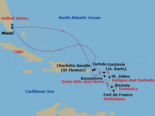 12 Night - Leeward Jewels & Legends - Oceania Vista - Starting in Miami, Charlotte Amalie, Gustavia, St Johns, Fort-de-France, Roseau, Basseterre, Tortola, Miami itinerary map