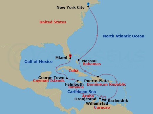 14 Night - Abc Islands & Azure Coasts - Oceania Vista - Starting in New York, Nassau, Puerto Plata, Dominican Republic, Kralendijk, Willemstad AN, Oranjestad, Falmouth, George Town, Miami itinerary map