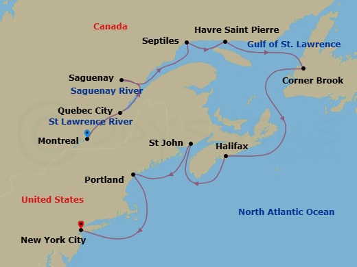 11 Night - Autumnal Allure & Maritimes - Oceania Vista - Starting in Montreal, Quebec City, Saguenay, Sept-Iles, Havre, Saint Pierre, Corner Brook, Halifax, Saint John NB (Bay of Fundy), Portland ME, New York itinerary map