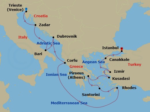 12 Night - Ancient Isles & Empires - Oceania Marina - Starting in Trieste, Zadar, Bari, Dubrovnik, Croatia, Corfu, Rhodes, Santorini, Athens (Piraeus), Ephesus (Kusadasi), Izmir, Canakkale (Troy), Istanbul itinerary map