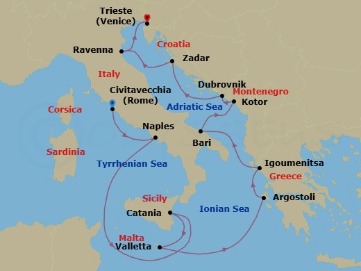11 Night - Classical Art & Balkan Bays - Oceania Marina - Starting in Rome (Civitavecchia), Naples / Pompeii, Catania (Sicily), Valletta, Argostoli (Cephalonia), Igoumenitsa, Bari, Kotor, Dubrovnik, Croatia, Zadar, Ravenna, Trieste itinerary map