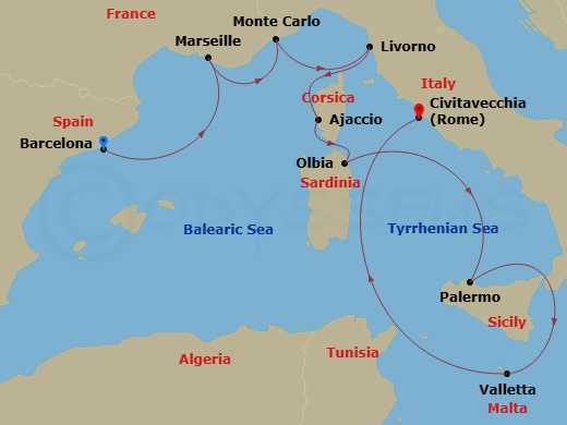9 Night - Ramblas & the Rivieras - Oceania Marina - Starting in Barcelona, Provence (Marseille), Monte Carlo, Florence / Pisa / Tuscany (Livorno), Ajaccio (Corsica), Olbia / Porto Cervo (Sardinia), Palermo (Sicily), Valletta, Rome (Civitavecchia) itinerary map