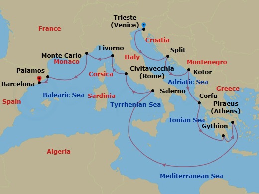 12 Night - Adriatic to Catalan Shores - Oceania Marina - Starting in Trieste, Split, Kotor, Corfu, Gythion, Athens (Piraeus), Salerno, Rome (Civitavecchia), Florence / Pisa / Tuscany (Livorno), Monte Carlo, Palamos, Barcelona itinerary map
