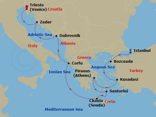 10 Night - Aegean to Adriatic Passage - Oceania Marina - Starting in Istanbul, Bozcaada (Troy), Ephesus (Kusadasi), Athens (Piraeus), Santorini, Chania (Crete), Corfu, Dubrovnik, Croatia, Zadar, Trieste itinerary map
