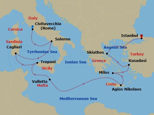 11 Night - Ancient Empires - Oceania Marina - Starting in Rome (Civitavecchia), Salerno, Cagliari (Sardinia), Trapani (Sicily), Valletta, Agios Nikolaos (Crete), Milos, Ephesus (Kusadasi), Skiathos, Istanbul itinerary map