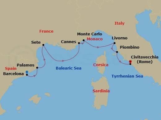 7 Night - French Riviera & Tuscan Seas - Oceania Marina - Starting in Barcelona, Palamos, Sete, Cannes, Monte Carlo, Florence / Pisa / Tuscany (Livorno), Piombino (Tuscany), Rome (Civitavecchia) itinerary map