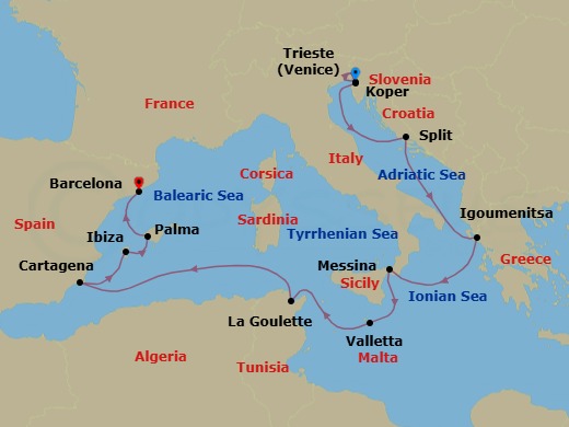 12 Night - Adriatic & Balearic Glories - Oceania Marina - Starting in Trieste, Koper, Split, Igoumenitsa, Messina (Sicily), Valletta, Tunis (La Goulette), Cartagena ES, Ibiza, Palma De Mallorca, Barcelona itinerary map