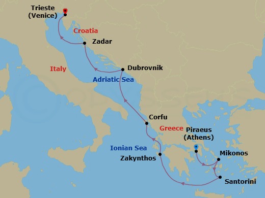 7 Night - Greek Isles & Croatia - Oceania Allura - Starting in Athens (Piraeus), Mykonos, Santorini, Zakynthos, Corfu, Dubrovnik, Croatia, Zadar, Trieste itinerary map