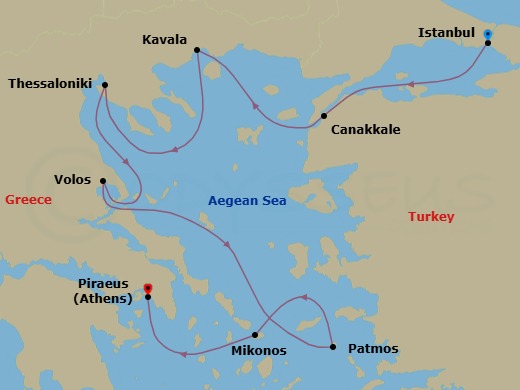 7 Night - Aegean Odyssey - Oceania Allura - Starting in Istanbul, Canakkale (Troy), Kavala / Philippi, Thessaloniki, Volos, Patmos, Mykonos, Athens (Piraeus) itinerary map