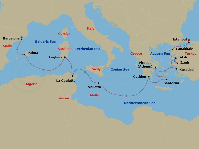 14 Night - Mediterranean & Aegean Stars - Oceania Allura - Starting in Barcelona, Palma De Mallorca, Cagliari (Sardinia), Tunis (La Goulette), Valletta, Gythion, Santorini, Athens (Piraeus), Ephesus (Kusadasi), Izmir, Pergamum (Dikili), Canakkale (Troy), Istanbul itinerary map