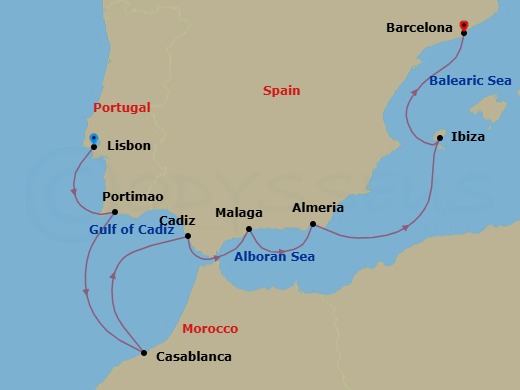 7 Night - Iberia & Morocco Splendor - Oceania Allura - Starting in Lisbon, Portimao, Casablanca, Seville (Cadiz), Malaga, Almeria, Ibiza, Barcelona itinerary map