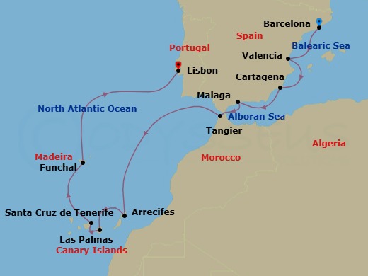 11 Night - Iberia & the Canary Islands - Oceania Allura - Starting in Barcelona, Valencia, Cartagena ES, Malaga, Tangier, Arrecife (Lanzarote), Las Palmas De Gran Canaria, Santa Cruz de Tenerife, Funchal (Madeira), Lisbon itinerary map